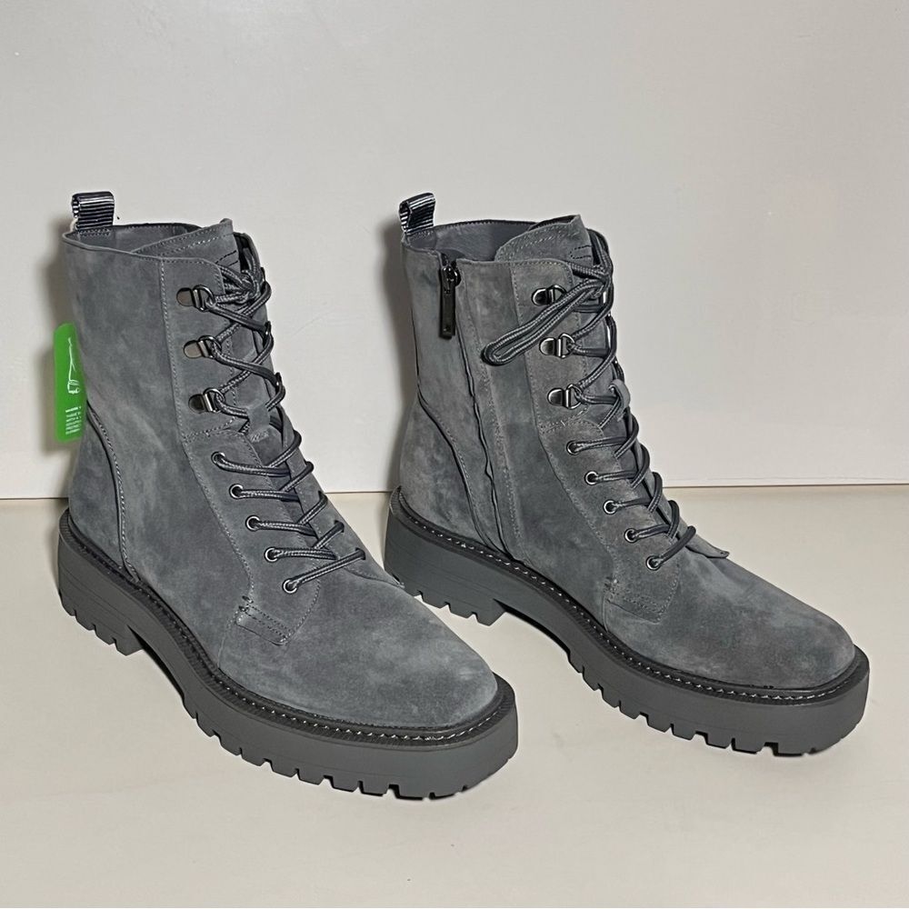 Sam Edelman Lue Grey Suede Chunky Heel Rounded Toe Up Ankle Combat Boots